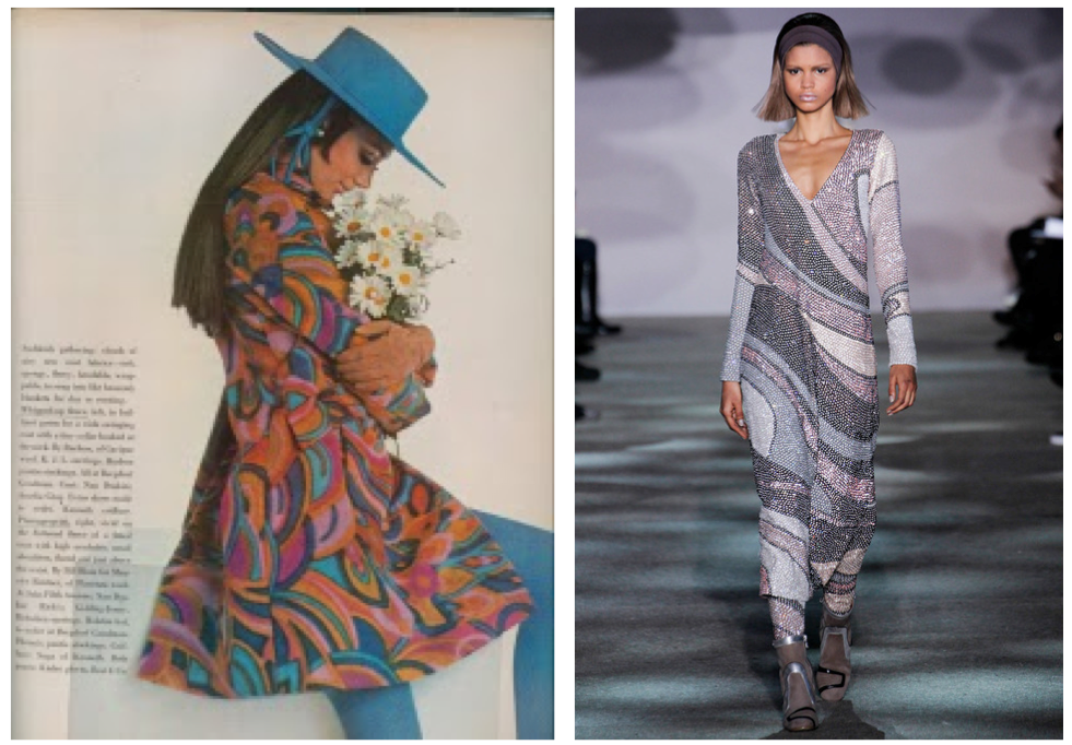 left: Marisa Berenson wearing a colorful coat in US VOGUE 15th Aug 1967, right: Marc Jacobs fall 2014 runway, photo@style.com