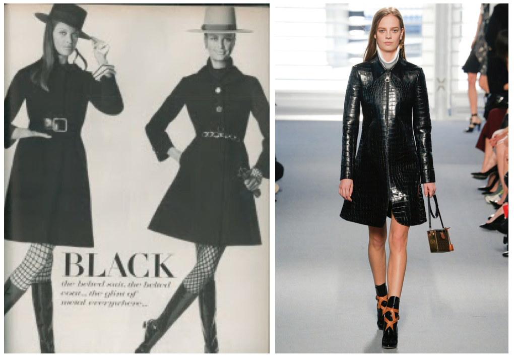 left: black 60ies coats shot by Irving Penn, US VOGUE 15th Aug 1967; right: LV crocodile coat fall 2014, photo@style.com