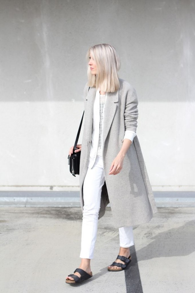 Birkenstock style sandals with a white pantsuit and grey wool coat ...