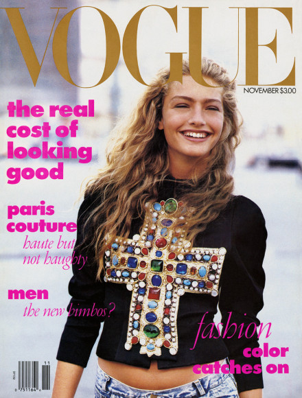Anna Wintour's first Vogue cover from November 1988, model Michaela Bercu wearing Christian LaCroix top and Guess jeans, styled by Carlyne Cerf De Dudzeele, shot by Peter Peter Lindbergh pic http://www.vogue.com/868701/anna-wintour-on-her-first-vogue-cover-plus-a-slideshow-of-her-favorite-images-in-vogue/